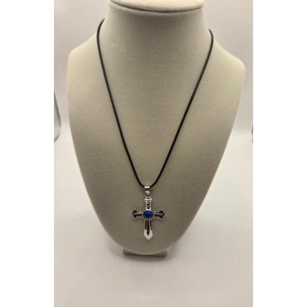 Cross Sword Necklace Blue Pendant Adjustable 20" Corded Costume Jewelry